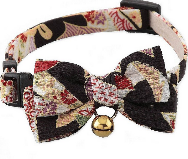 Necoichi Chirimen Kimono Bow Tie Breakaway Cat Collar with Bell