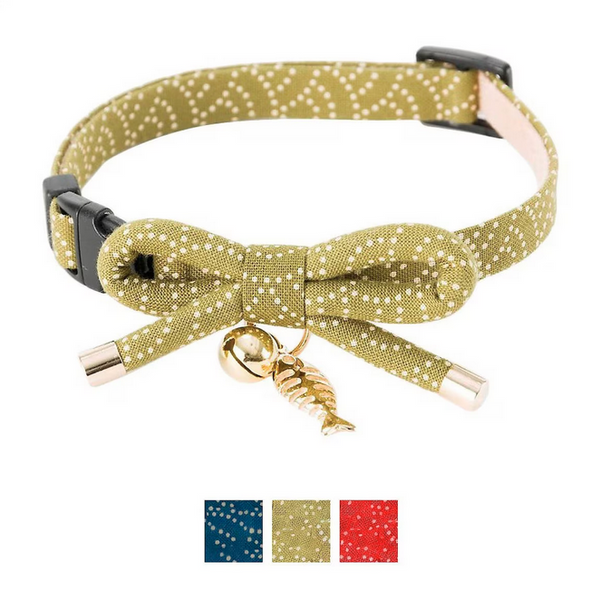 Necoichi Zen Gold Fish Charm Cotton Breakaway Cat Collar with Bell