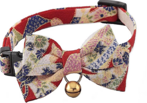 Necoichi Chirimen Kimono Bow Tie Breakaway Cat Collar with Bell